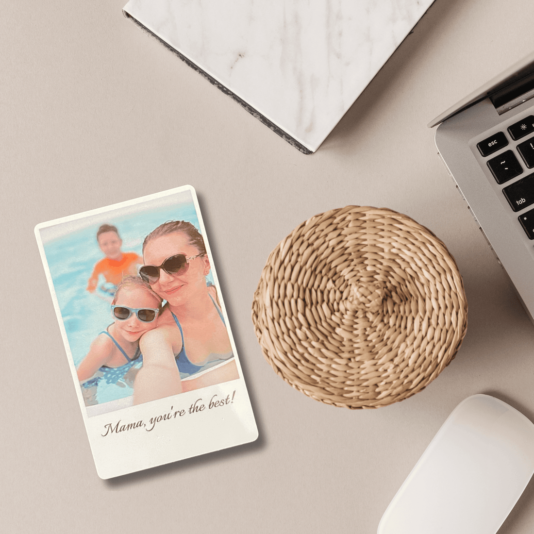 Personalized photo wallet card for mom featuring joyful moments by the pool with sunglasses and a heartfelt message.