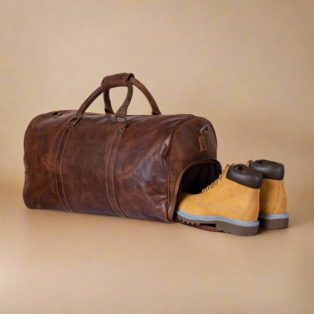 Leather Overnight Bag - Rugged Leather - Sandal Leather Travel Bags KALGHI